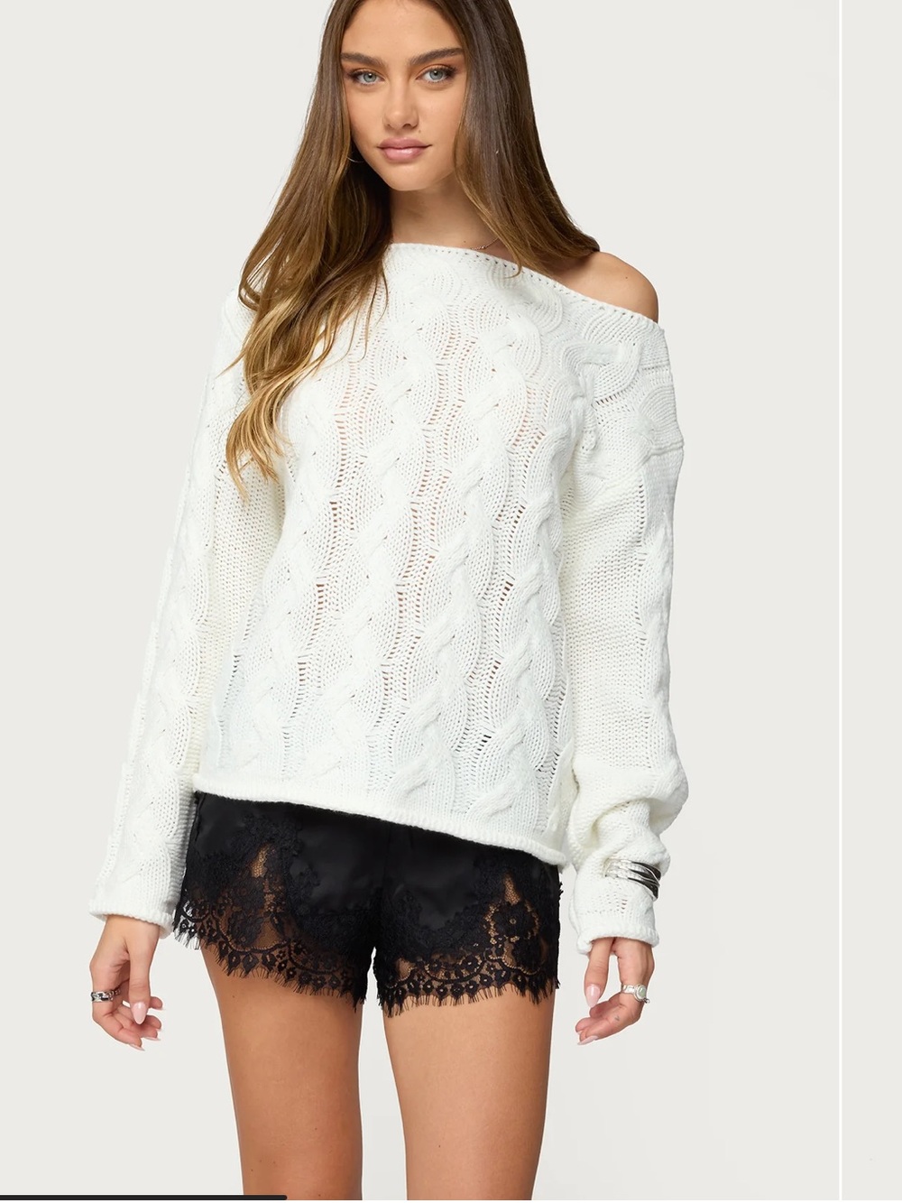 Edikted Ellie White Off-Shoulder Cable Knit Sweater